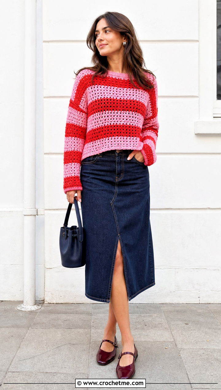Striped Crochet Jumper With Denim Midi Skirt - 25 crochet jumper for women outfit ideas