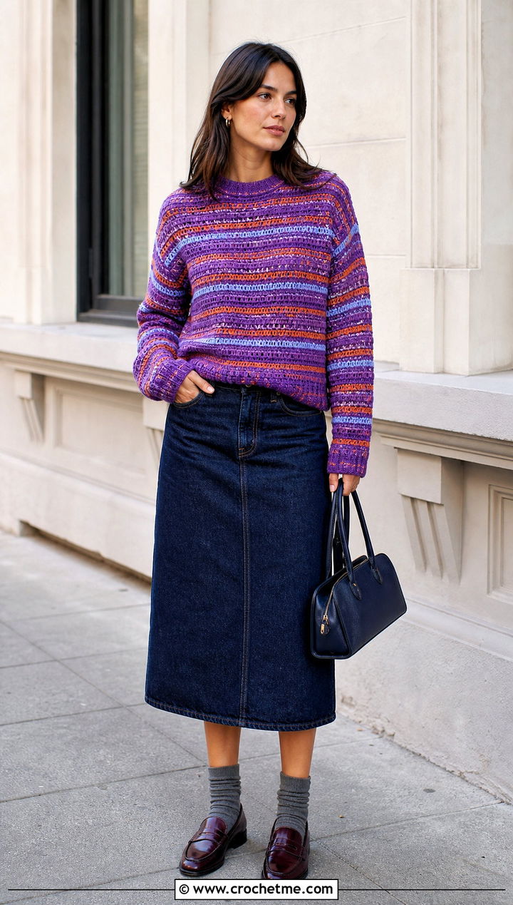Striped Crochet Jumper With Denim Midi Skirt - 35 easy crochet jumper outfit ideas