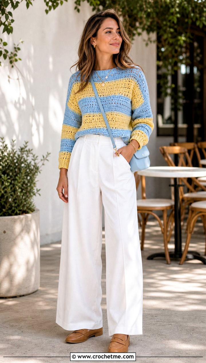 Striped Crochet Jumper With White Wide Leg Pants - 25 Cute Crochet Jumper outfit ideas