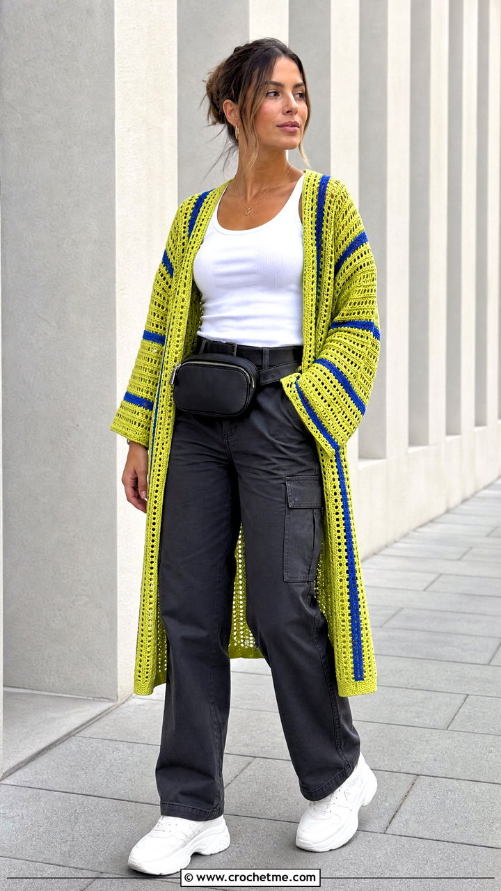 Striped Crochet Kimono With Cargo Pants - 35 crochet kimono outfit ideas
