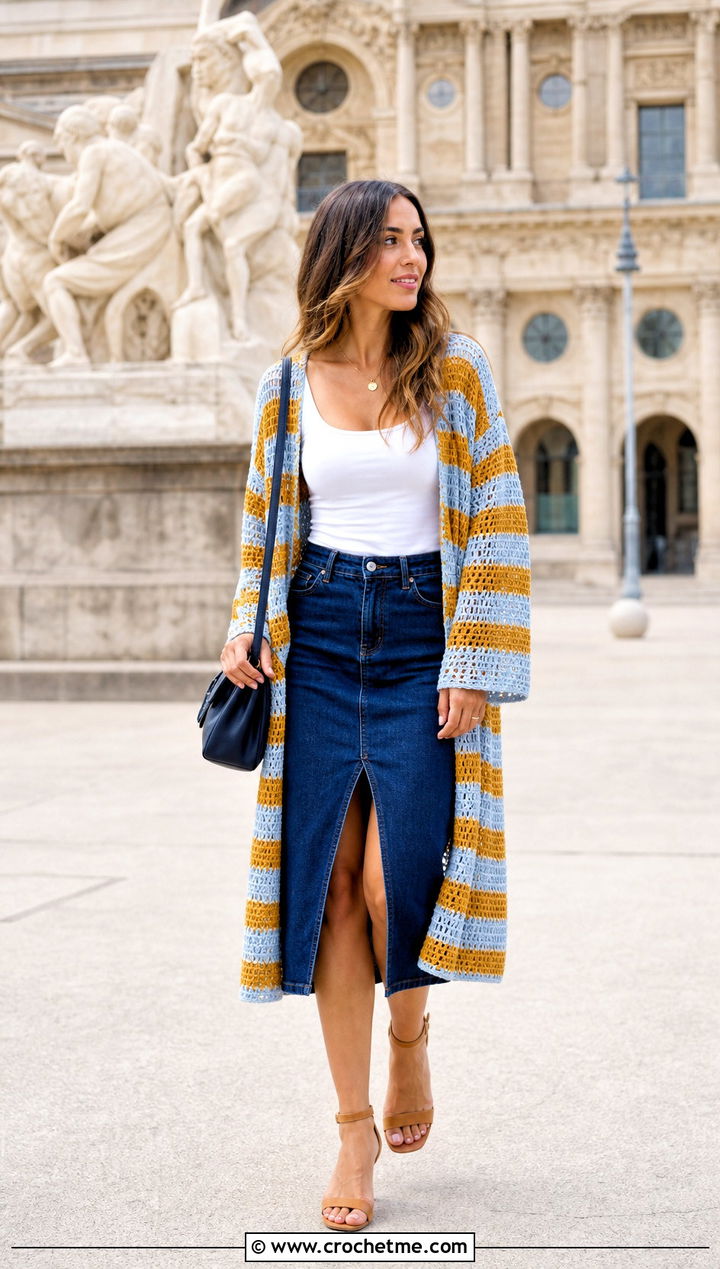 Striped Crochet Kimono With Denim Midi Skirt - 15 crochet kimono cover up outfit ideas