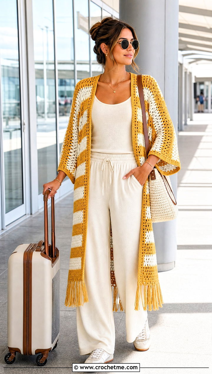Striped Crochet Kimono With Matching Set And Sneakers - 30 Boho Crochet Kimono outfit ideas