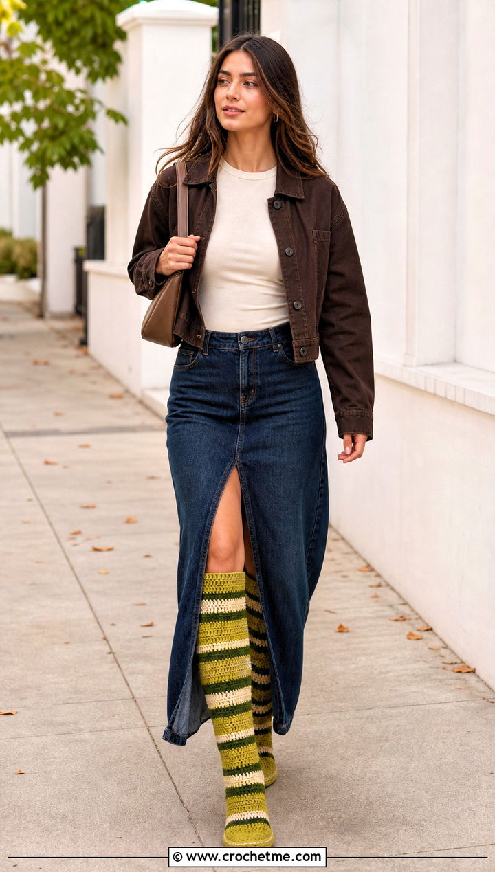 Striped Crochet Knee High Boots With A Denim Maxi Skirt - 15 Crochet Knee High Boots outfit ideas