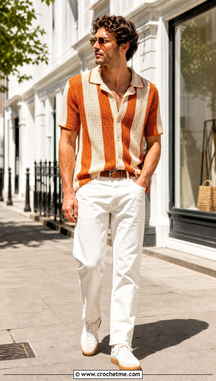 Striped Crochet Knit Shirt With White Denim - 15 crochet tops for men outfit ideas