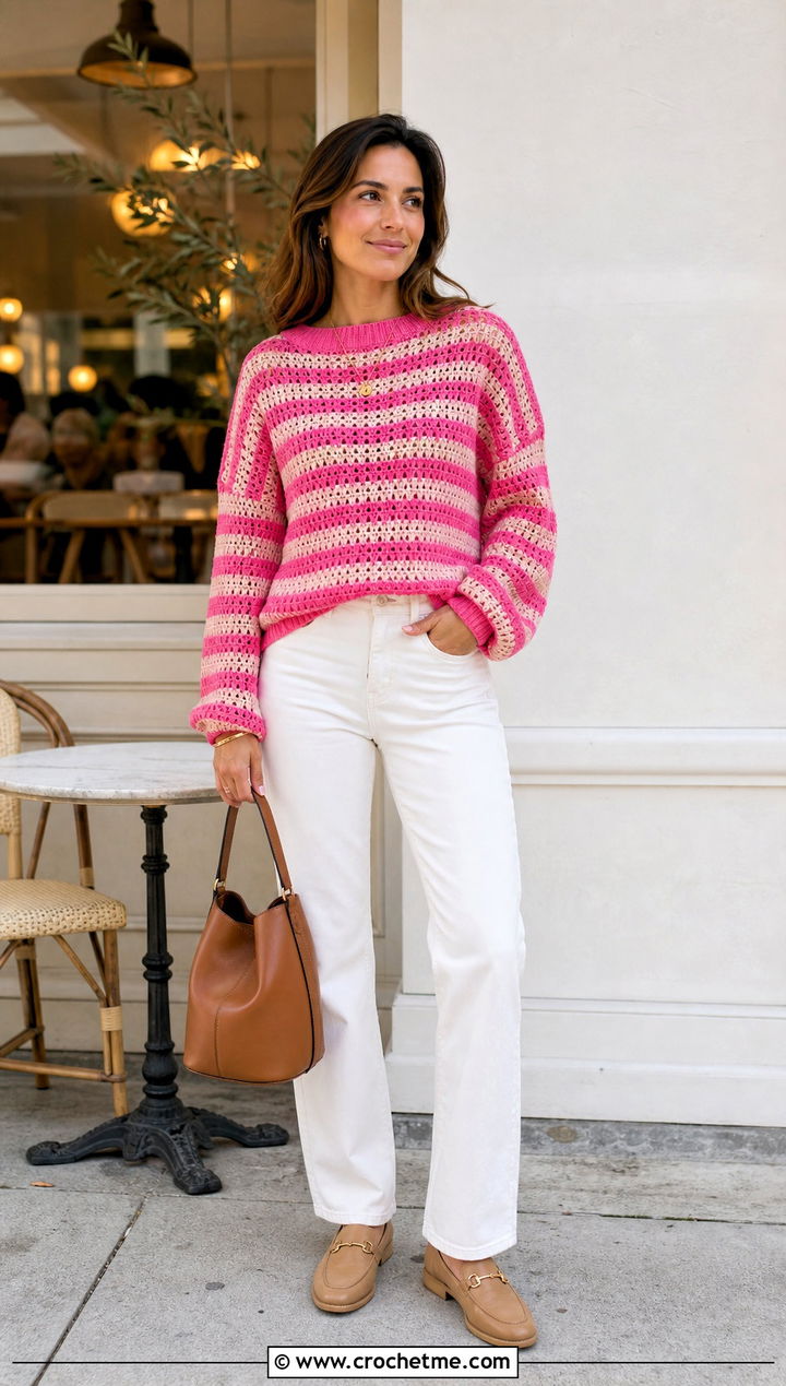 Striped Crochet Knit Sweater With White Jeans - 35 Crochet Knit Sweater outfit ideas