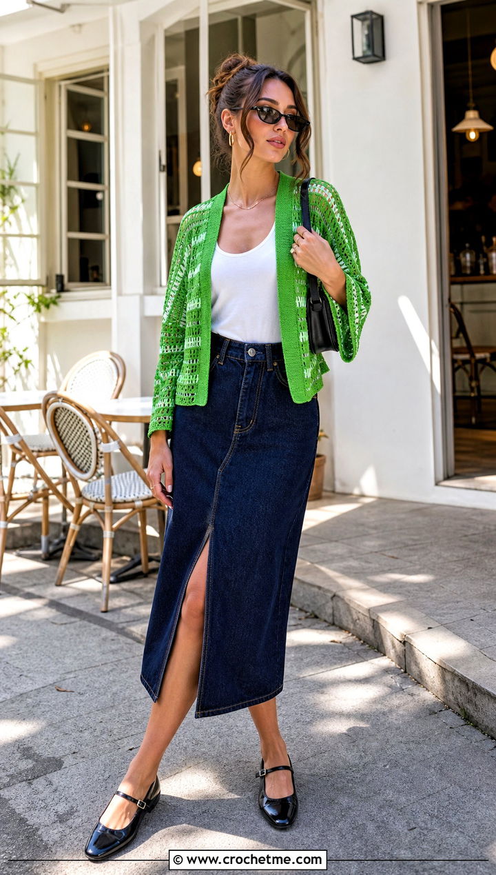 Striped Crochet Lace Kimono With Denim Midi Skirt - 25 crochet lace kimono outfit ideas