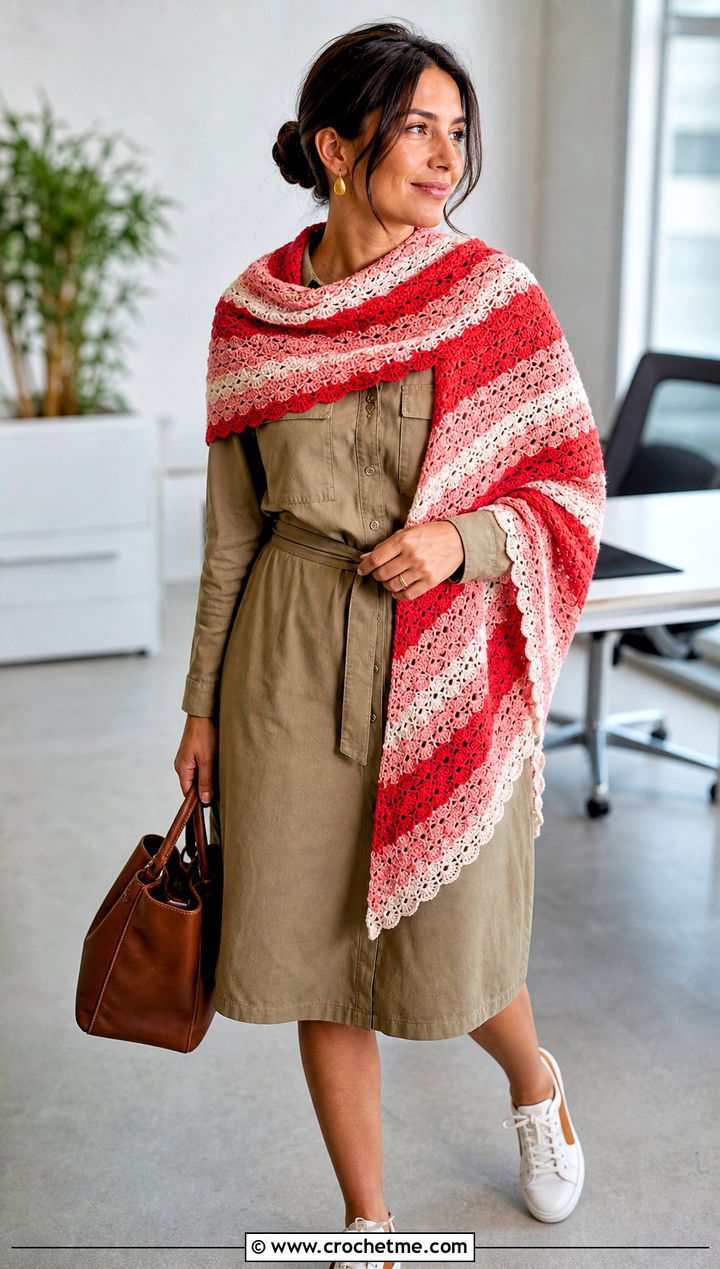 Striped Crochet Lace Shawl With A Neutral Utility Dress - 30 easy crochet lace shawl outfit ideas