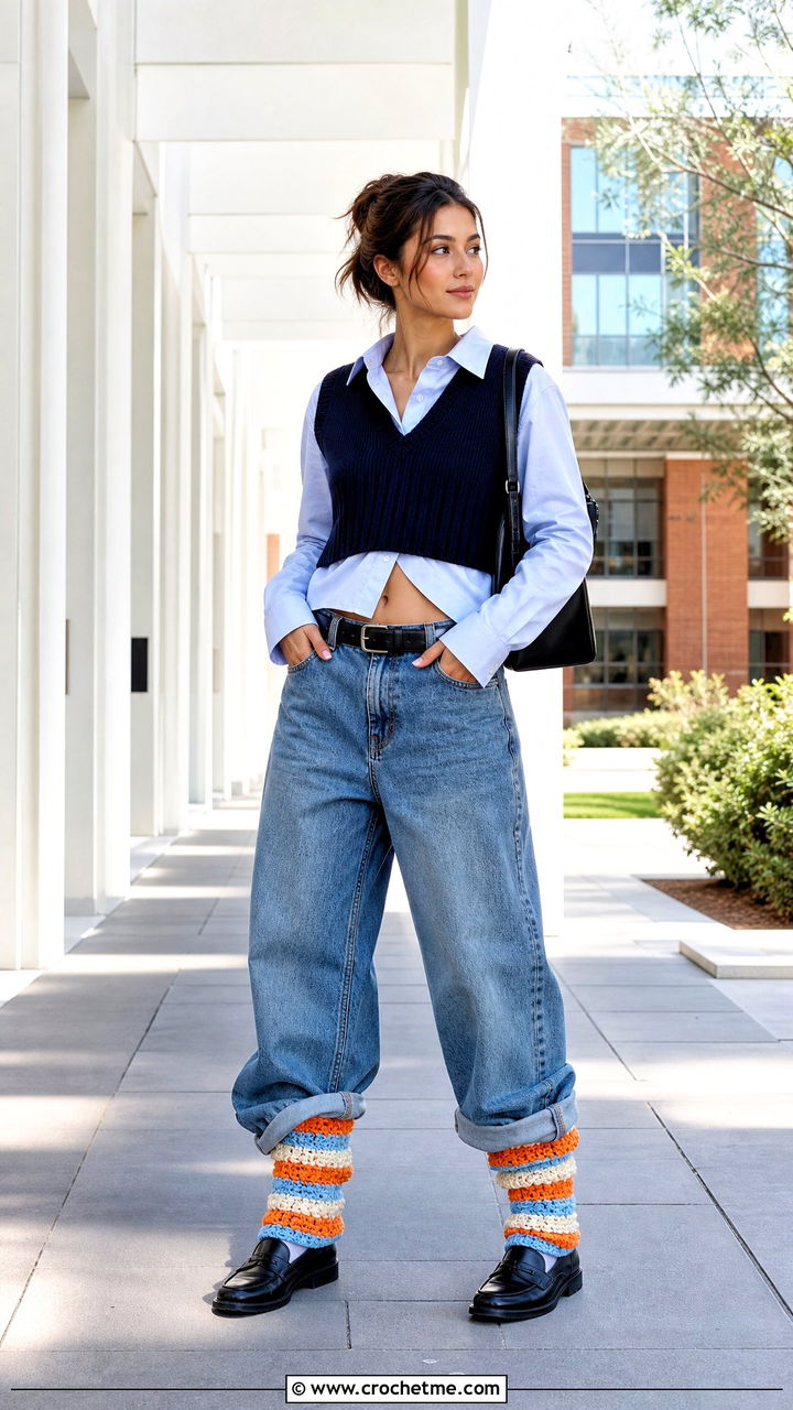 Striped Crochet Leg Warmers With Baggy Jeans And Loafers - 35 crochet leg warmer outfit ideas