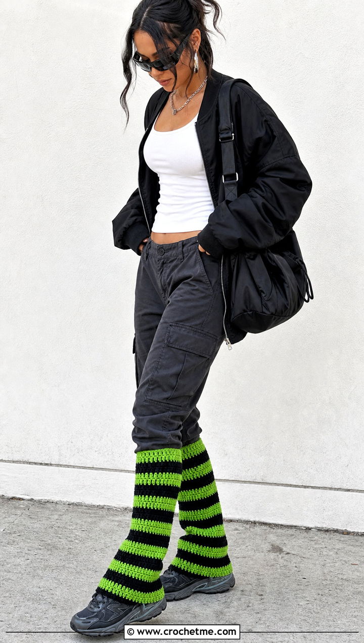 Striped Crochet Leg Warmers With Cargo Pants - 15 Crochet Clothes Leg Warmers outfit ideas