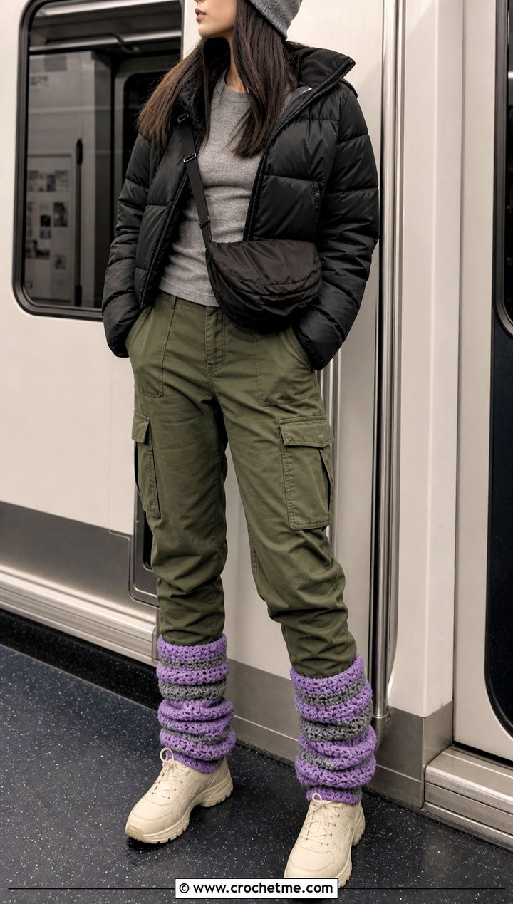 Striped Crochet Leg Warmers With Cargo Pants - 20 Chunky Yarn Crochet Leg Warmers outfit ideas