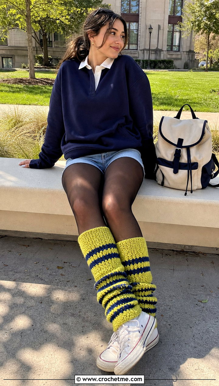 Striped Crochet Leg Warmers With Denim Shorts And High Top Sneakers - 25 Crochet Legwarmer outfit ideas