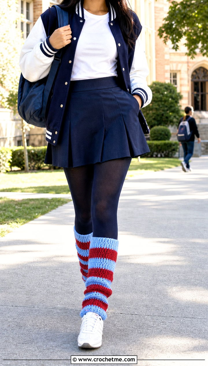 Striped Crochet Leg Warmers With Varsity Jacket - 30 aesthetic crochet leg warmers outfit ideas
