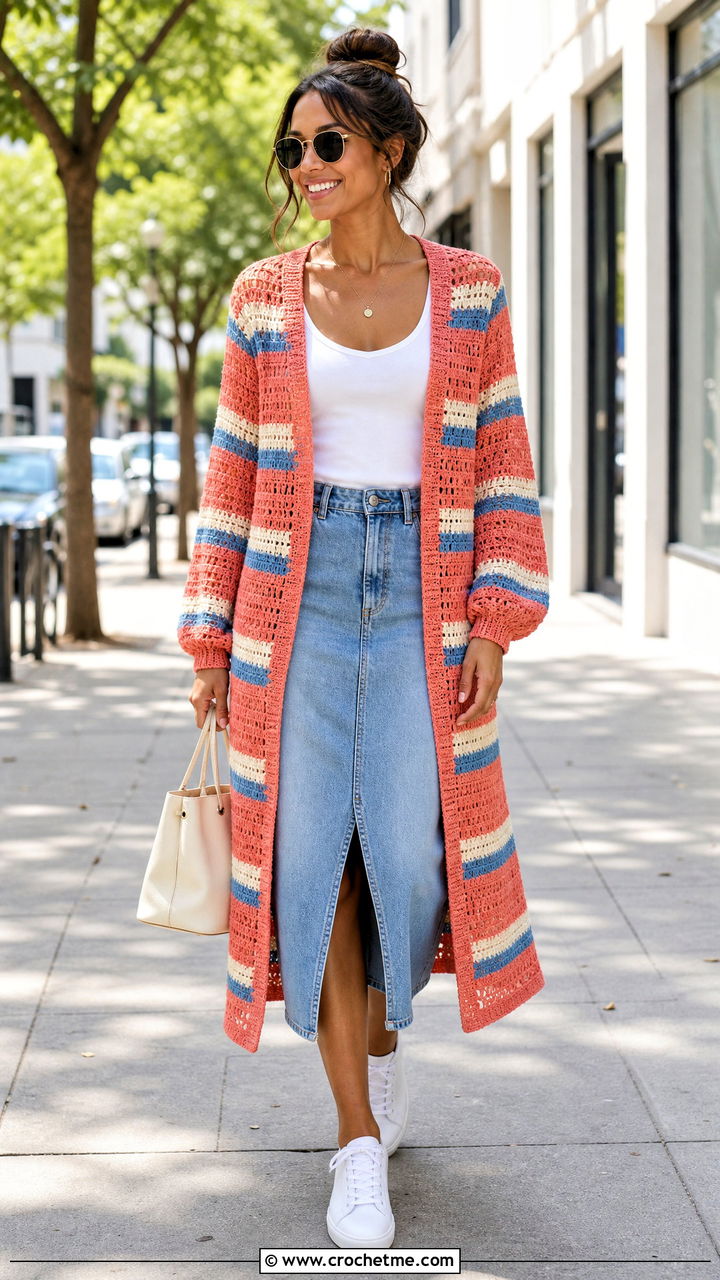 Striped Crochet Long Cardigan With Denim Midi Skirt - 35 crochet long cardigan outfit ideas