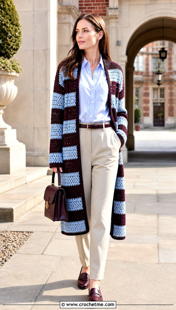 Striped Crochet Long Coat With Button Down Shirt - 35 crochet long coat outfit ideas