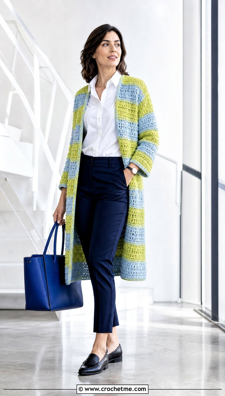 Striped Crochet Long Jacket With a White Shirt - 35 crochet long jacket outfit ideas