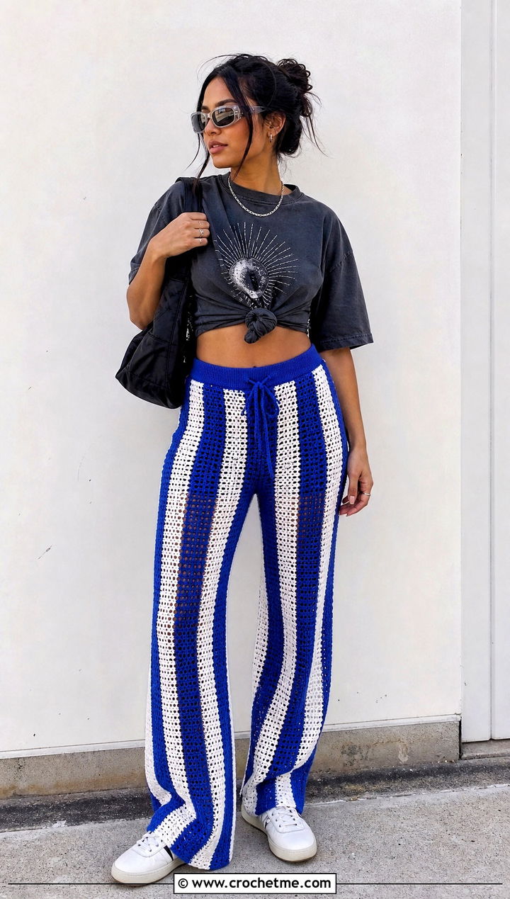 Striped Crochet Long Pants With Graphic T Shirt - 30 Crochet Long Pants outfit ideas