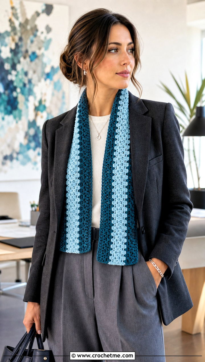 Striped Crochet Long Scarf With Blazer And Pleated Trousers - 25 Crochet Long Scarf outfit ideas