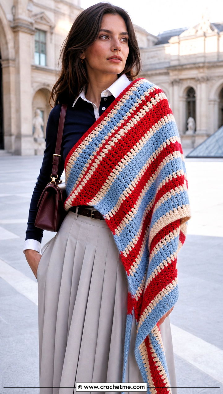 Striped Crochet Long Shawl With Pleated Skirt - 20 Crochet Long Shawl outfit ideas