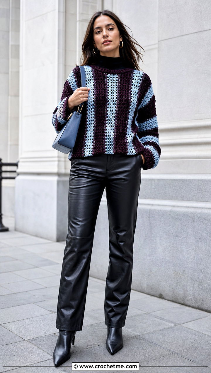 Striped Crochet Long Sleeve Top With Leather Pants - 15 crochet striped top on hanger outfit ideas