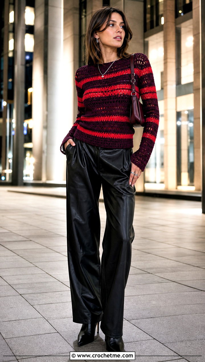 Striped Crochet Long Sleeve Top With Leather Pants - 35 crochet striped top outfit ideas