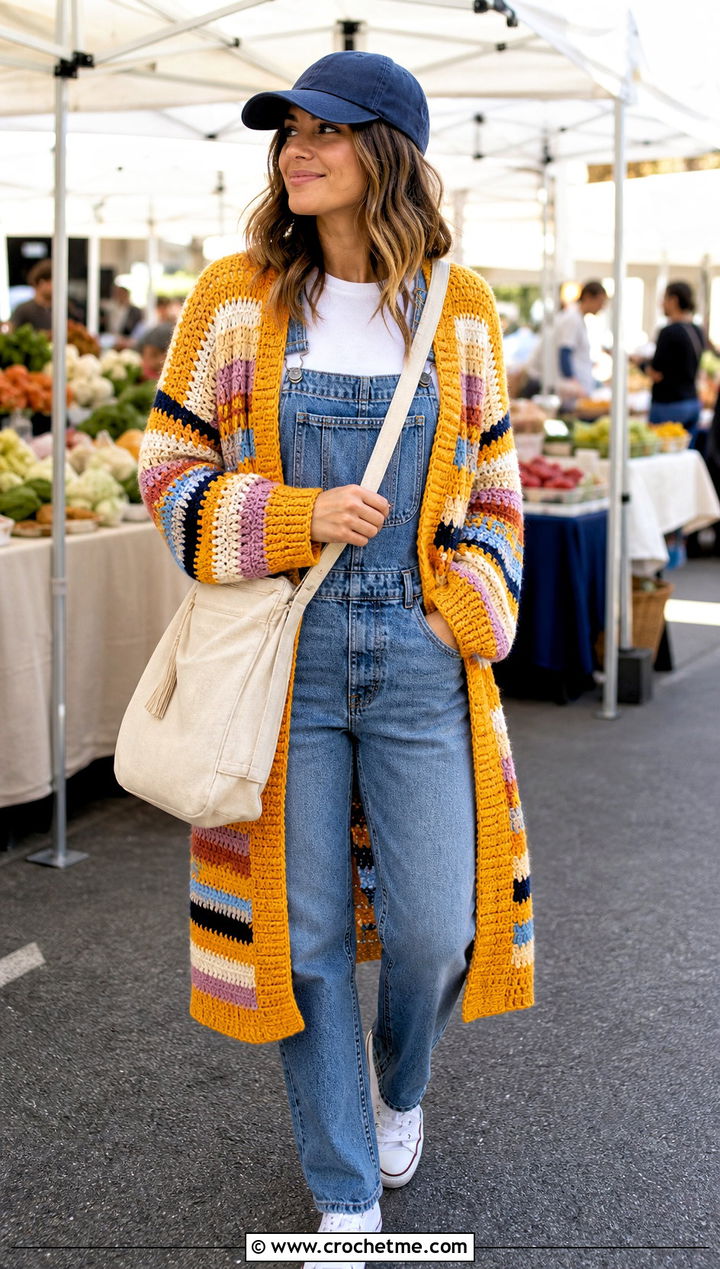 Striped Crochet Long Sweater With Denim Overalls - 35 crochet long sweater outfit ideas
