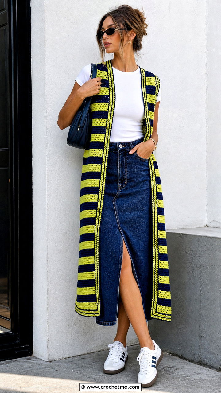 Striped Crochet Long Vest With Denim Midi Skirt - 35 Crochet Long Vest outfit ideas