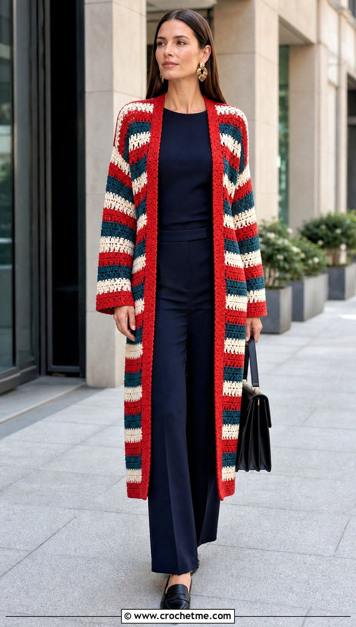 Striped Crochet Longline Cardigan With Column Outfit - 20 Crochet Longline Cardigan outfit ideas
