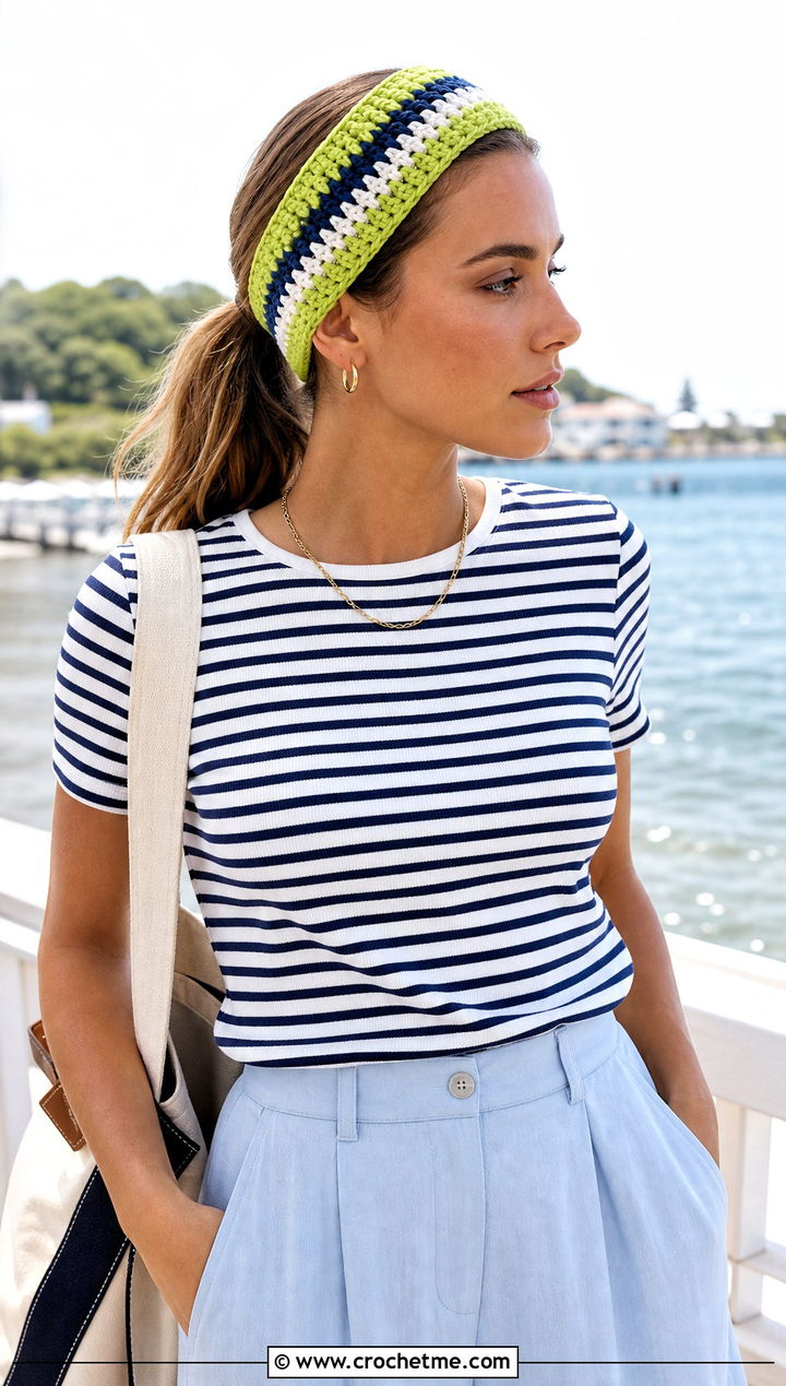 Striped Crochet Makeup Headband With Breton Tee And Wide Leg Pants - 25 Crochet Makeup Headband outfit ideas