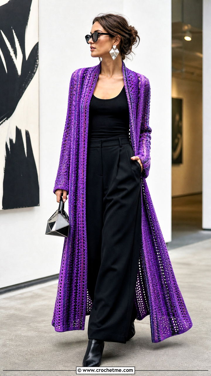 Striped Crochet Maxi Coat With Black Wide Leg Pants - 35 crochet coat outfit ideas