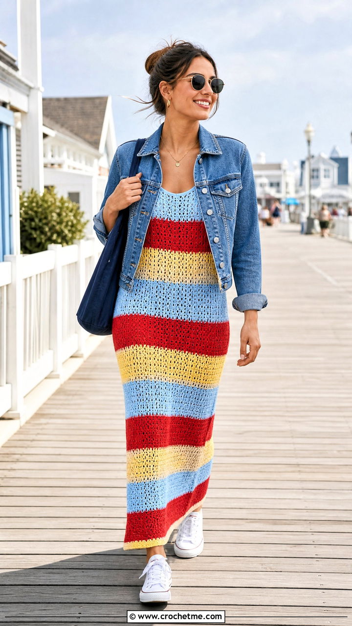 Striped Crochet Maxi Dress With Canvas Sneakers - 35 Crochet Maxi Dress outfit ideas