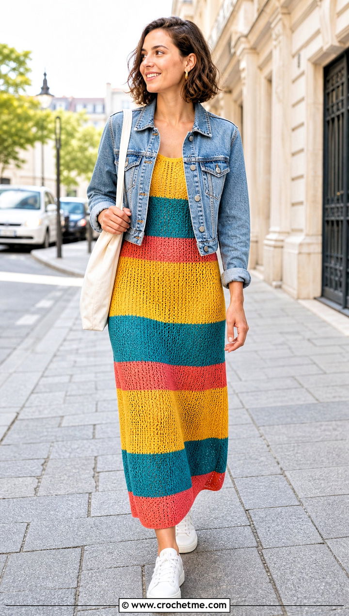 Striped Crochet Maxi Dress With Denim Jacket - 15 colorful crochet dress outfit ideas