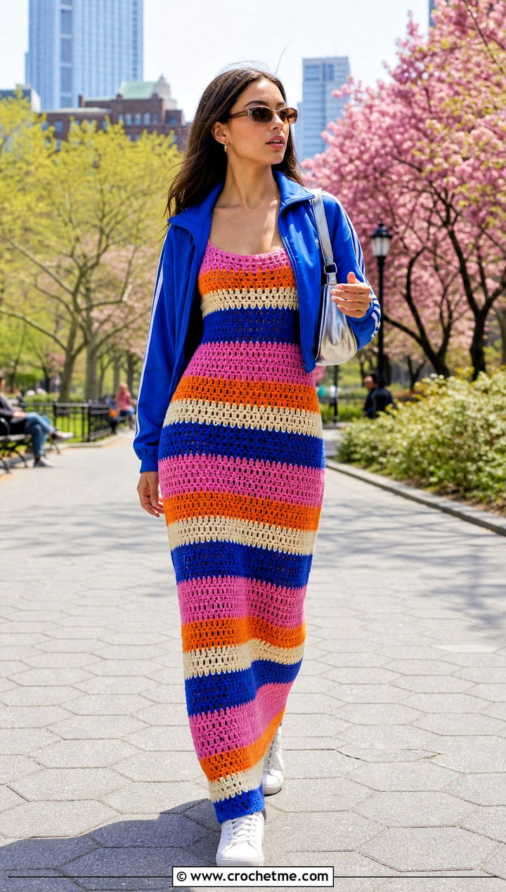 Striped Crochet Maxi Dress With Track Jacket And Retro Sneakers - 15 Spring Style Crochet Dress outfit ideas