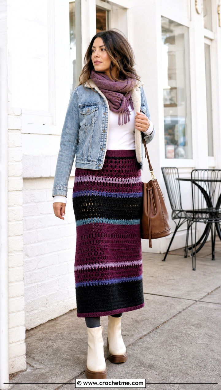 Striped Crochet Maxi Skirt With Denim Jacket - 35 crochet winter skirt outfit ideas