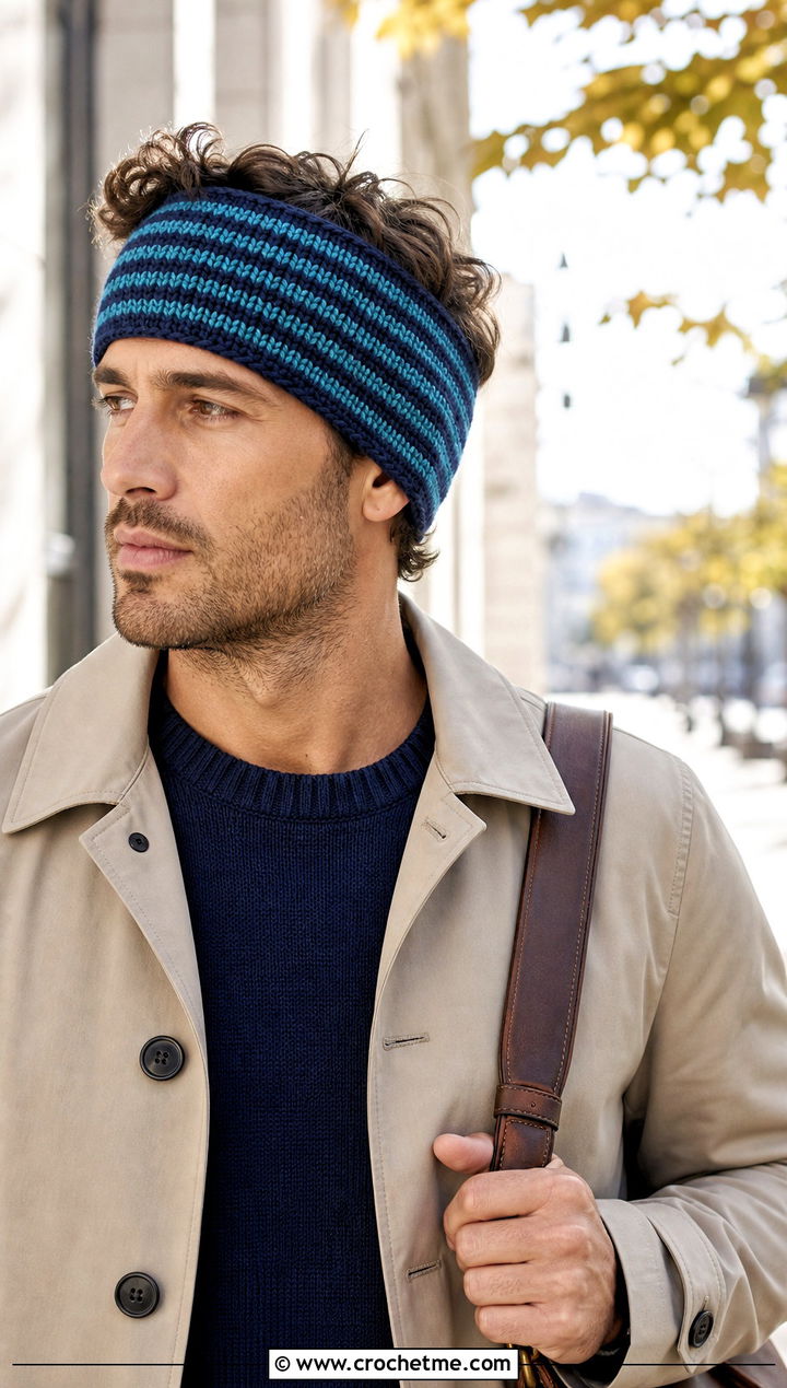Striped Crochet Mens Ear Warmer With Trench Coat - 25 Crochet Mens Ear Warmer outfit ideas