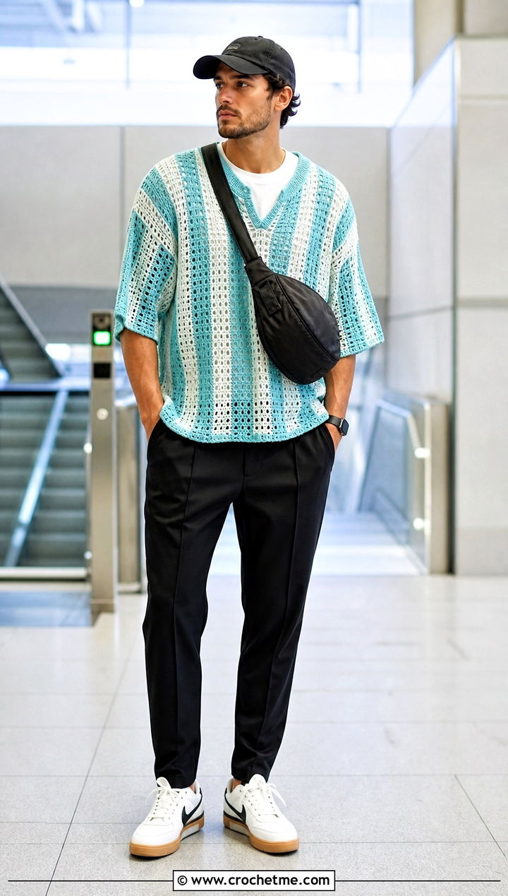 Striped Crochet Mens Poncho With Track Pants - 25 crochet men's poncho outfit ideas