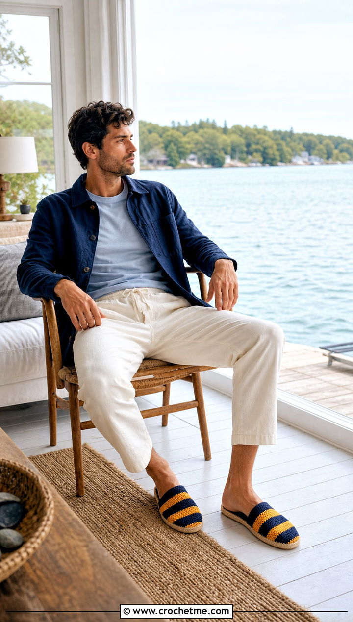 Striped Crochet Mens Slippers With a Nautical Outfit - 30 crochet men's slippers outfit ideas