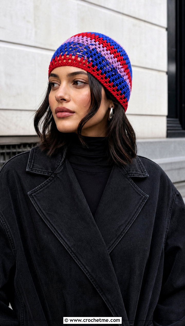 Striped Crochet Mesh Beanie With Monochrome Outfit - 25 crochet mesh beanie outfit ideas