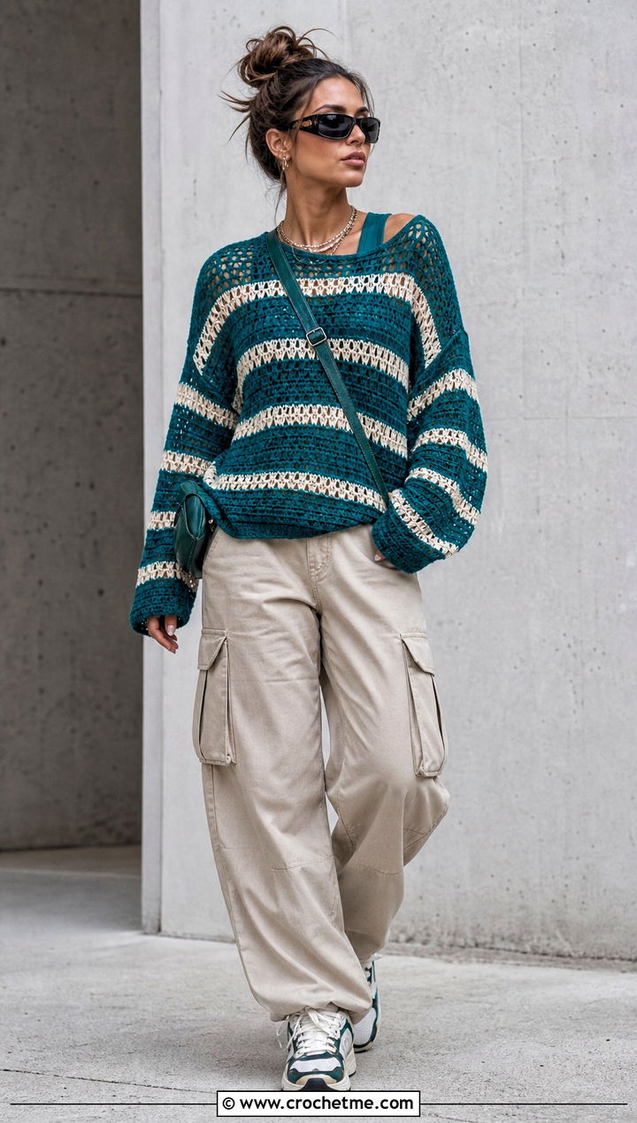 Striped Crochet Mesh Jumper With Cargo Pants - 30 crochet mesh jumper outfit ideas