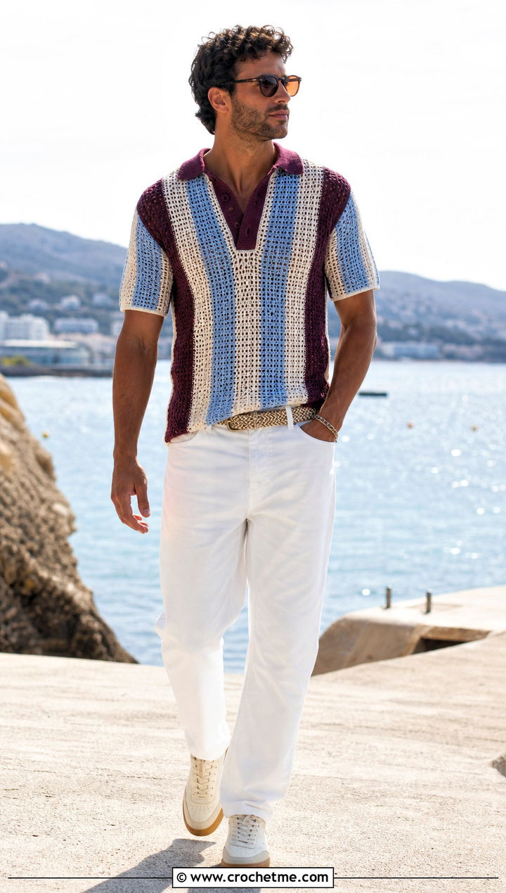 Striped Crochet Mesh Polo With White Denim - 25 Men Crochet Mesh Shirt outfit ideas