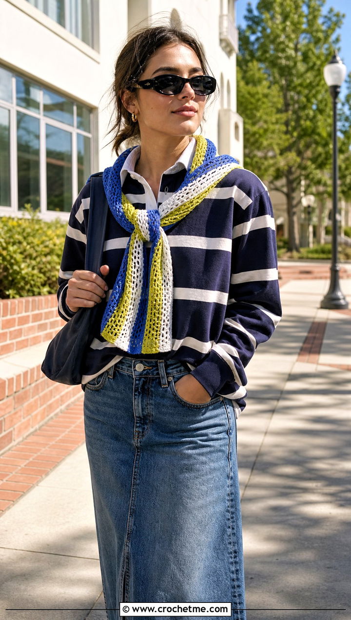 Striped Crochet Mesh Scarf With Rugby Shirt And Denim Skirt - 25 Crochet Mesh Scarf outfit ideas