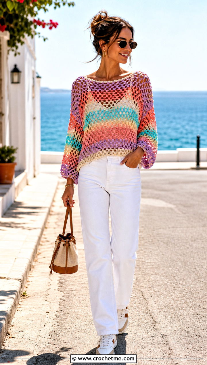 Striped Crochet Mesh Sleeve Top With White Jeans - 25 crochet mesh sleeve top outfit ideas