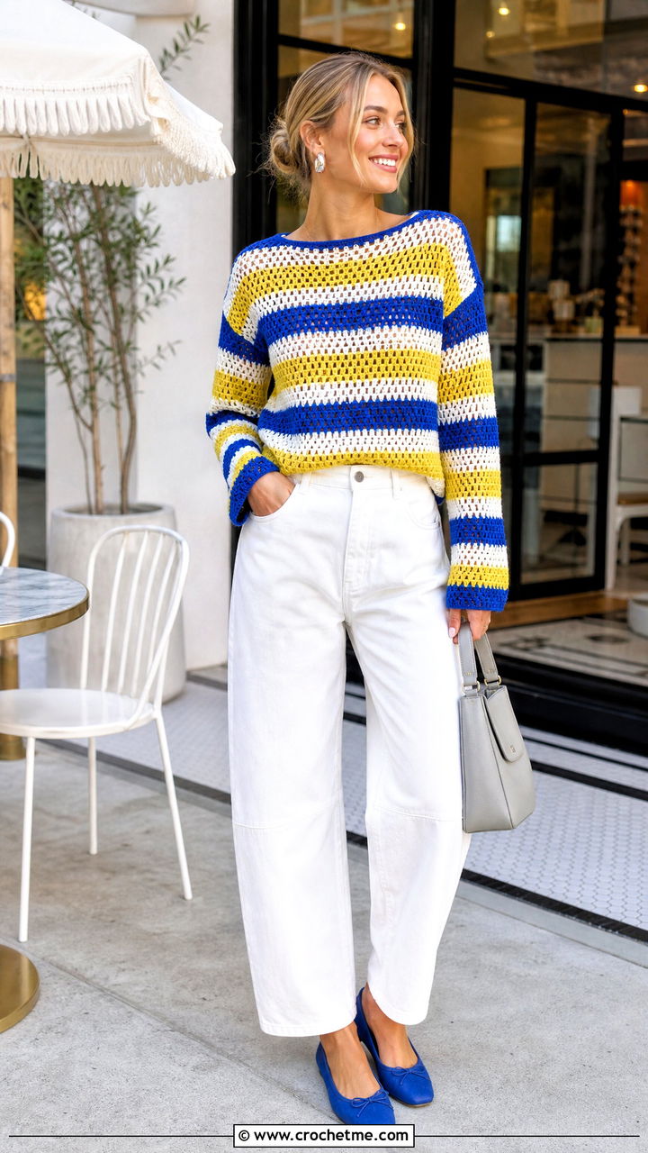 Striped Crochet Mesh Sweater With White Jeans - 35 crochet mesh sweater outfit ideas