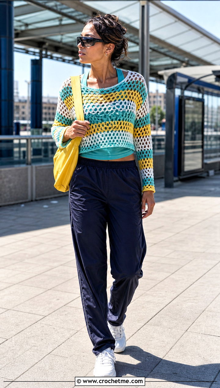 Striped Crochet Mesh Top With Track Pants - 15 Crochet Mesh Summer Top outfit ideas