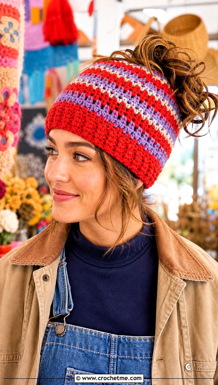 Striped Crochet Messy Bun Hat With Elastic And Overalls - 25 Crochet Messy Bun Hat With Elastic outfit ideas