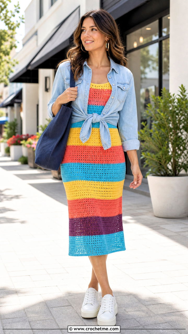 Striped Crochet Midi Dress With Denim Shirt - 35 crochet dress inspo outfit ideas