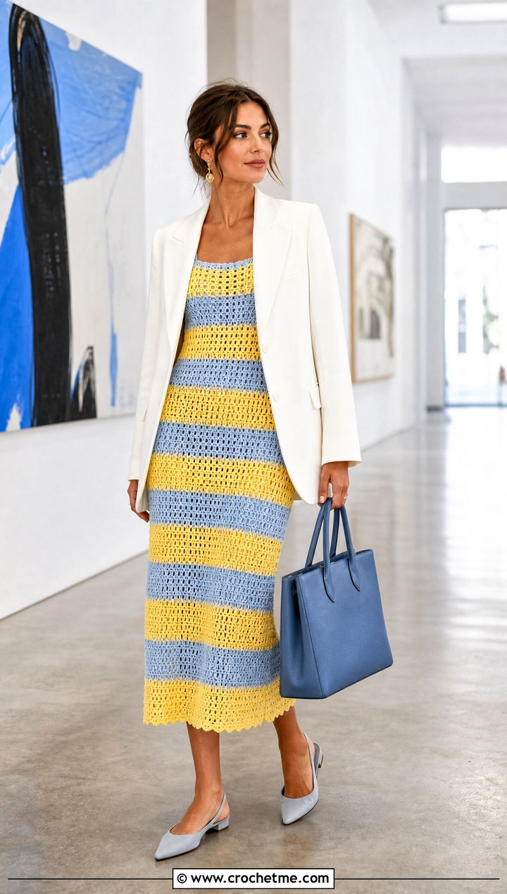 Striped Crochet Midi Dress With White Blazer - 15 colorful crochet dress on hanger outfit ideas