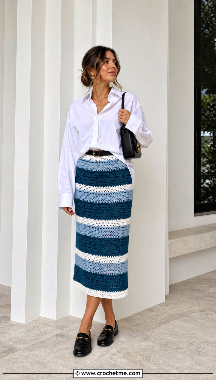 Striped Crochet Midi Skirt With Poplin Shirt - 30 diy crochet skirt outfit ideas