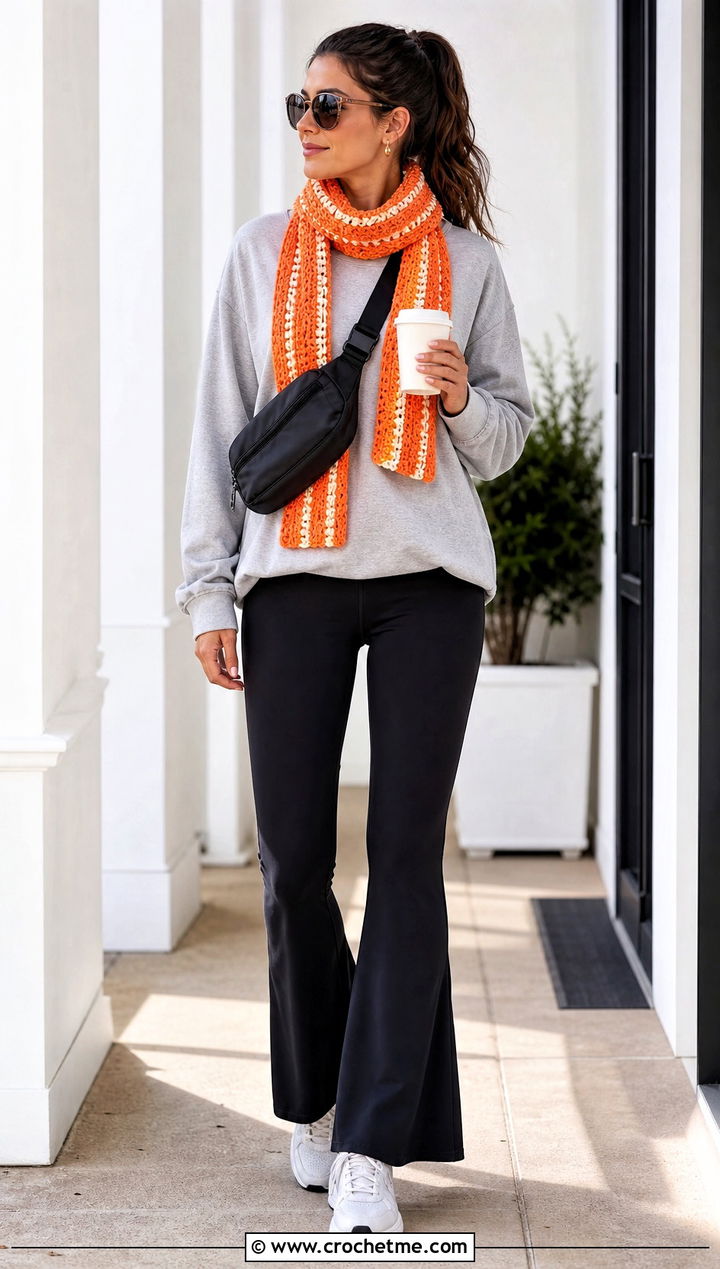 Striped Crochet Mini Scarf With Sweatshirt And Leggings - 35 crochet mini scarf outfit ideas