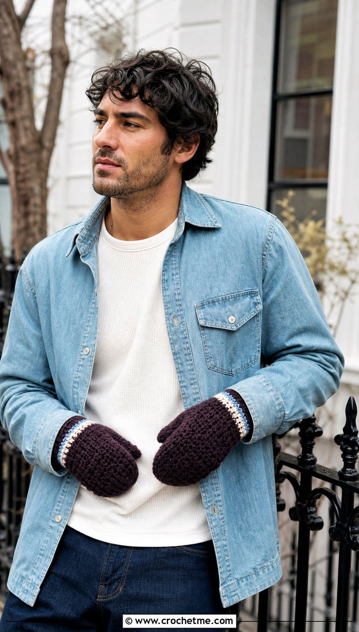 Striped Crochet Mittens With Denim On Denim - 25 Mens Crochet Mittens outfit ideas