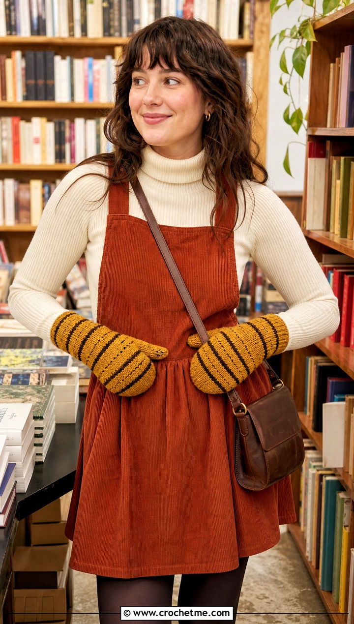 Striped Crochet Mittens With Pinafore Dress and Turtleneck - 25 Simple Crochet Mittens outfit ideas